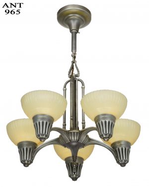 Art Deco Streamline 5 Light Chandelier with Custard Colored Shades (ANT-965)