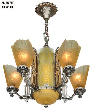 Art Deco Slip Shade Chandelier with Amber Etched Glass Center Panels (ANT-970)