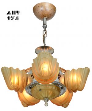 Very Collectible Art Deco Slip Shade 6 Shade Chandelier by Halcolite (ANT-974)