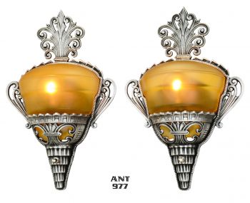 Unusual Pair of Art Deco Slip Shade Sconces with Amber Shades (ANT-977)