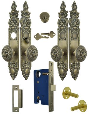 Victorian Double Door Entry Set Gothic Antique Reproduction with Large Lion Door Knobs (L26DBS)