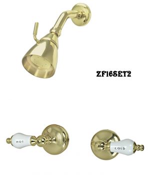 Brass Showerhead with Porcelain Handles Set - Retro Style Shower Hardware Plumbing Fixtures (ZF16SET2)