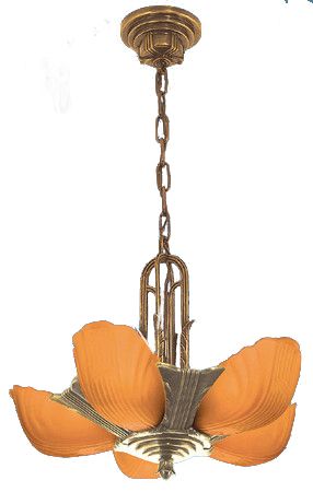 Art Deco 1930's Lighting Slip Shade Recreated Markel 5 Shade Chandeliers With Amber Shades (ZMR-3015-2)