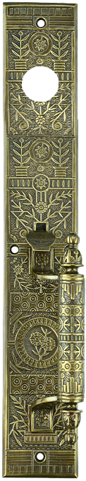 decorative vintage style brass door plate with thumblatch handle and cylinder lock