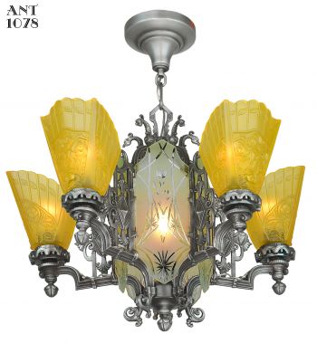 Art Deco Slip Shade Chandelier with Cut Glass Center Panels (ANT-1078)