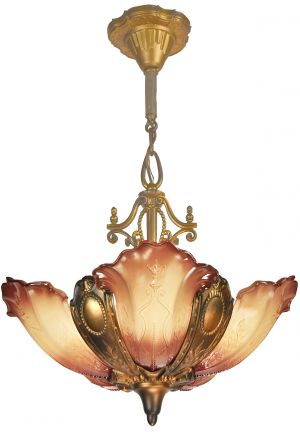 Art Deco Red Bronze Finished Chandelier by Mid-West ca.1935 (ANT-1365)