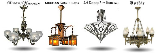 art nouveau, rococo, and mission style light fixtures