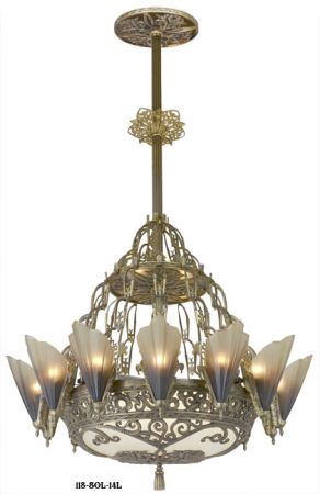 36 1/2" Large Art Deco Chandelier 14 Light Soleure Slip Shade Chandelier Original Kenk Design (118-SOL-14L)