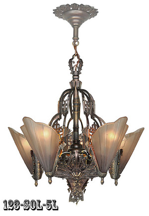 Art Deco Chandeliers Slip Shade 5 Light Soleure Series by Mid-West Mfg (123-SOL-5L)