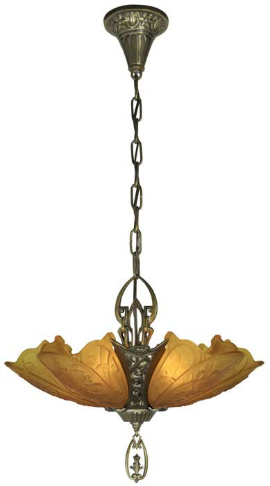 Antique Brass Finish with Amber Shades Medieval Series Recreated 5 Light Chandelier