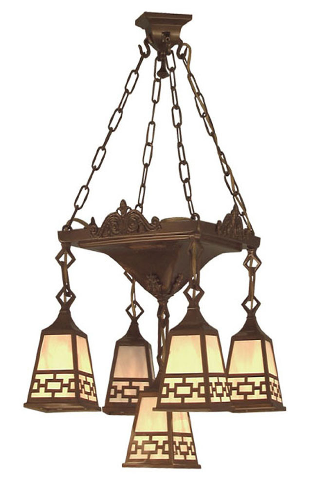 Mission 5 Arm Chandelier Pan Light Chain Shade with Green Art Glass