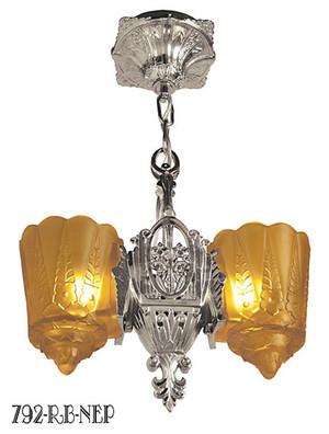 Art Deco Hanging Lights Pendants Two In One Series by Lincoln Recreated Slip Shade Two Light (792-RB1-NEP)