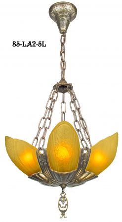 Art Deco Chandeliers Slip Shade Fleurette 5 Light With Amber Shades (85-LA2-5L)