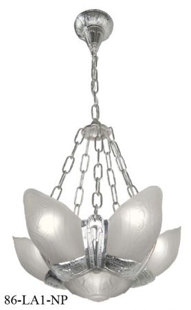 Art Deco Lighting Fixtures Slip Shade Fleurette 6 Light Chandeliers Nickel Plated Frosted Shades (86-LA1-NP)