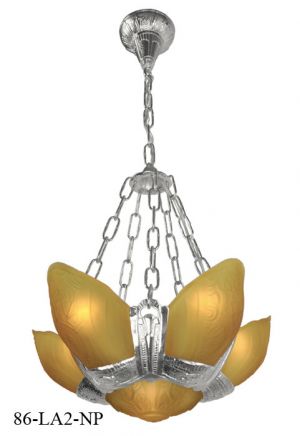 Art Deco Lighting Fixtures Slip Shade Fleurette 6 Light Chandeliers Nickel Plated Amber Shades (86-LA2-NP)