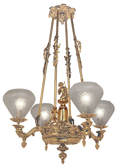 Vintage Hardware & Lighting - Victorian Light - Neo Rococo Cupid Center  Starr Fellows Gasolier C 1856 (925-QAG-RC)