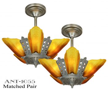 Matched PAIR of Moe Bridges Art Deco 5 Shade Chandeliers (ANT-1055)