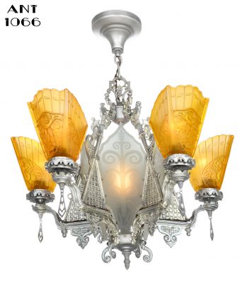 Art Deco Slip Shade Chandelier with Etched Glass Center Panels (ANT-1066)
