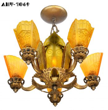 Art Deco Slip Shade Chandelier with Amber Etched Glass Center Panels (ANT-1069)