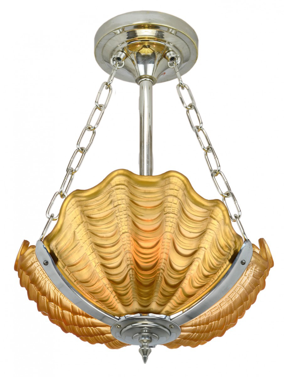 Art Deco British Odeon Movie Theatre Chandelier With 3 Clam Shell Slip Shades Ant 1071