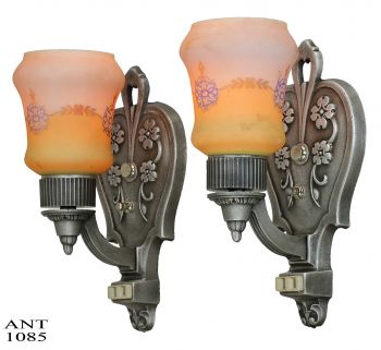 Lovely Pair of Circa 1920 Wall Sconces. Original Antique Backplates with Original Antique Shades (ANT-1085)