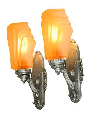Pair of American Art Deco Sconces with Amber Glass Shades by Riddle (ANT-1100)