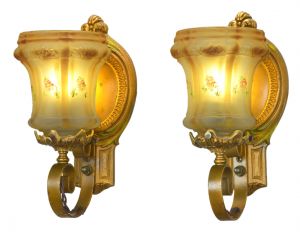 Lovely Pair of 1910-20 Edwardian Original Old Gold Finish Polychrome Wall Sconces (ANT-1108)