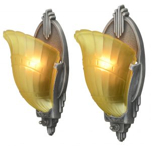 Pair of Nice Long, Shaped, Slip Shade Art Deco Sconces by Markel (ANT-1119)