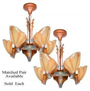 Matched Pair (Nearly Perfectly) Art Deco 5 Shade Clam Shell Chandeliers by Mid-West (ANT-1129)