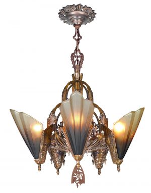 Solid Bronze Art Deco Slip Shade Chandelier by Mid West Mnf. (ANT-1160)