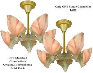 Matched Pair (Nearly Perfect) Art Deco 5-Shade Clam Shell Chandeliers by Mid-West (ANT-1204)