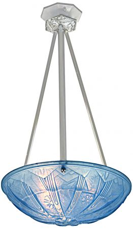 Outstanding French Art Deco Baby Blue Embossed Bowl Ceiling Pendant (ANT-1224)