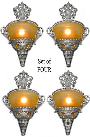 Unusual SET of FOUR Art Deco Slip Shade Sconces with Amber Tiny Bubble Shades (ANT-1230)