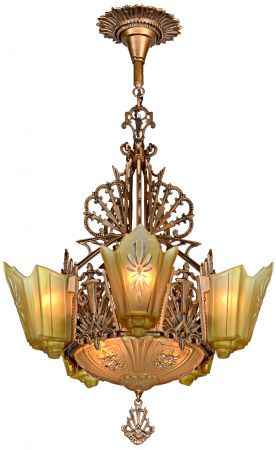 Antique Restored Red-Bronzed Finished Art Deco Slip Shade Chandelier (ANT-1232)