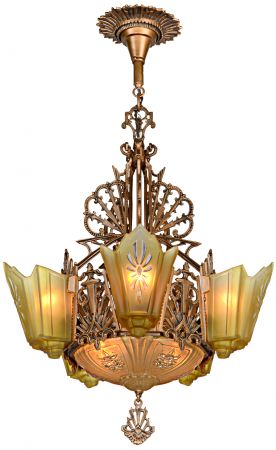 Antique Restored Red-Bronzed Finished Art Deco Slip Shade Chandelier (ANT-1232)