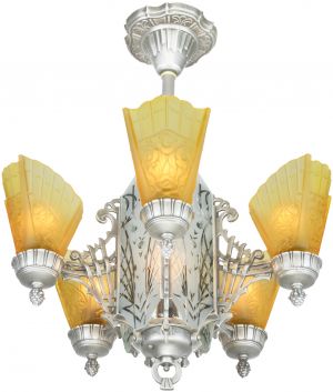 Art Deco Slip Shade Chandelier with Cut Glass Center Panels (ANT-1238)
