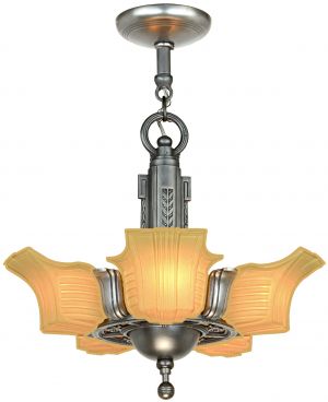 Unusual 5 Slip Shade Art Deco Chandelier by Globe c.1935 (ANT-1239)