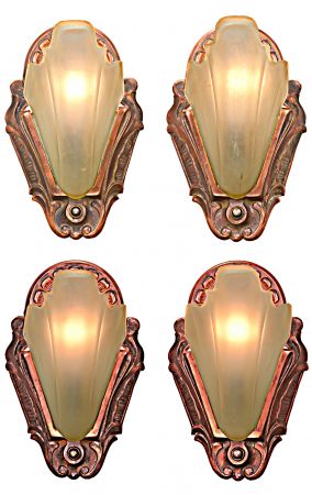 Unusual TWO Pair of Art Deco Slip Shade Sconces with Amber Shades (ANT-1249)