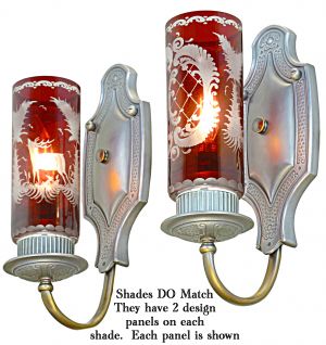 Pleasing Pair of 1920's to 30's Sconces with Etched Ruby Shades (ANT-1250)