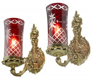 Ornate 20's Rococo Look Sconces with Cut Glass Ruby Shades (ANT-1251)