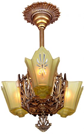 Antique Restored Red-Bronzed Finished Art Deco Slip Shade Chandelier (ANT-1277)