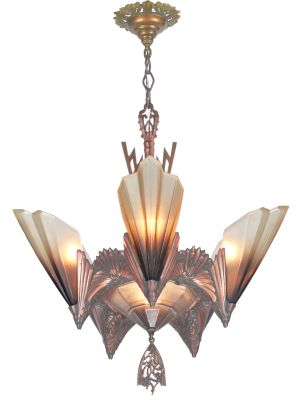 Solid Bronze Art Deco Slip Shade Chandelier by Mid West Mnf. (ANT-1304)