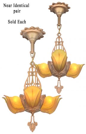 Pair of Moe Bridges Art Deco 3 Slip Shade Chandeliers-SOLD EACH (ANT-1311)