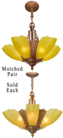 Nearly, Perfectly Matched Pair of American Art Deco 5-Light Chandeliers by Puritan (ANT-1314)