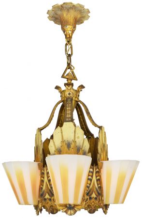 Fabulous Williamson Art Deco Five Slip Shade Chandelier (ANT-1337)