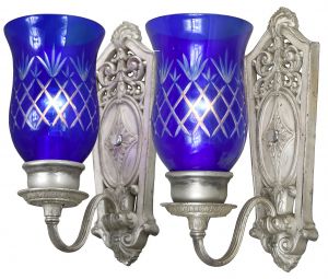 Antique Edwardian Fine Cast Sconces with Outstanding Cobalt Blue Cut Glass Shades (ANT-1366)