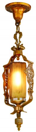 Art Deco Center Shade Hall Light with Amber Crackle Glass Center Shade (ANT-1450)