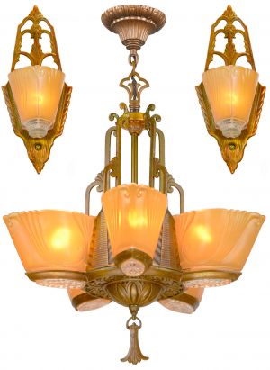 Magnificent Set of an Art Deco 5-Shade Chandelier with a Pair of Matching Sconces by Virden (ANT-1451)