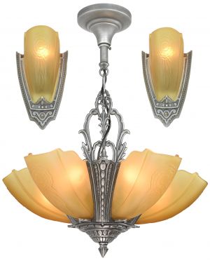 Set of an Art Deco 5-Light Chandelier with Matching Sconces by Puritan (ANT-1455)
