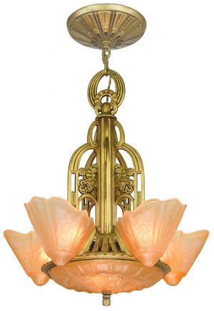 American Art Deco 5-Light 6-Shade Chandelier by Lightolier (ANT-1457)